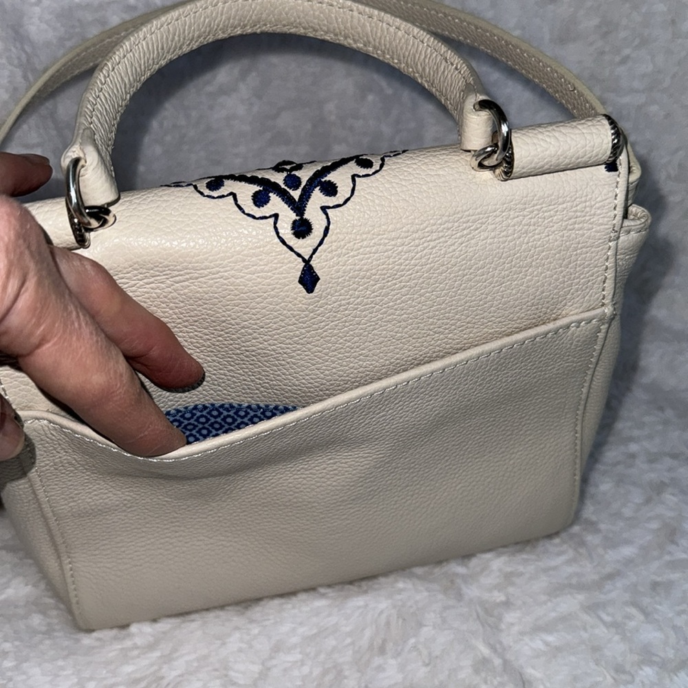 Brighton “MEENA” Cream Blue Jewel Leather Top-Handle Leather Crossbody P… - Picture 5 of 12
